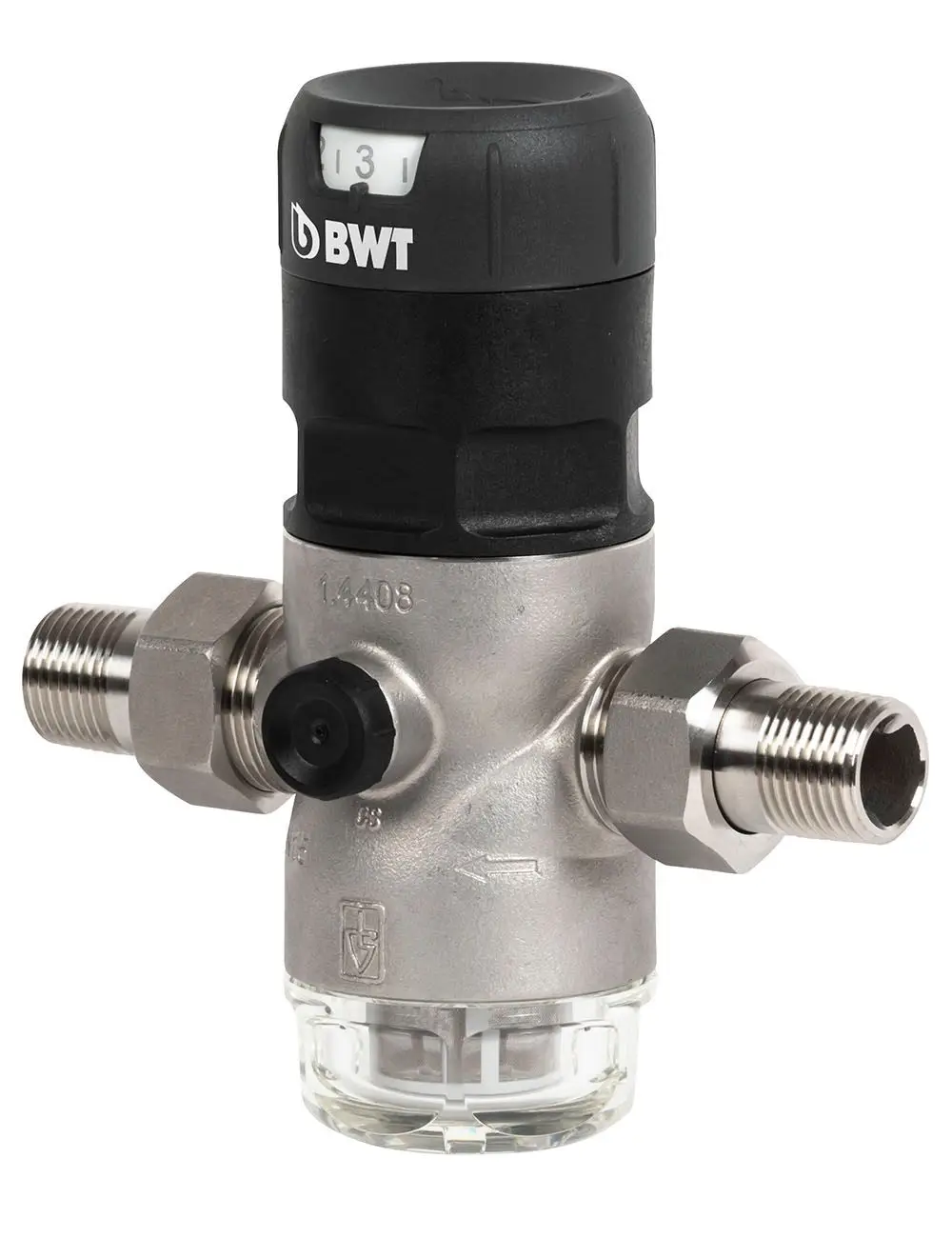 Druckminderer aus Edelstahl mit zwei Anschlüssen und einem einstellbaren Druckregler. Das Produkt ist von der Marke BWT und hat eine transparente Unterseite zur Druckanzeige.